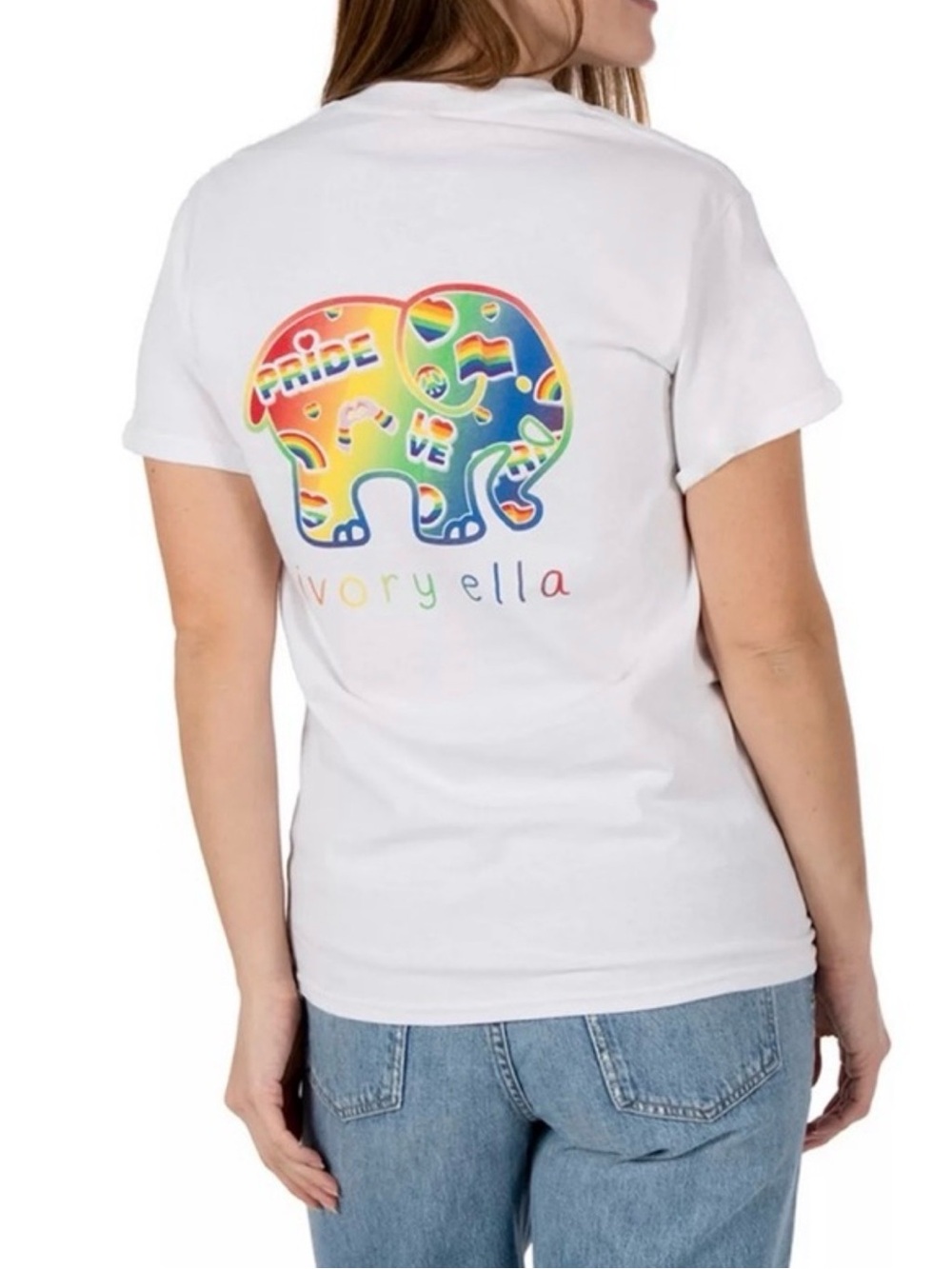 ivory ella White Tee with Rainbow Pride Elephant Graphic NEW!
